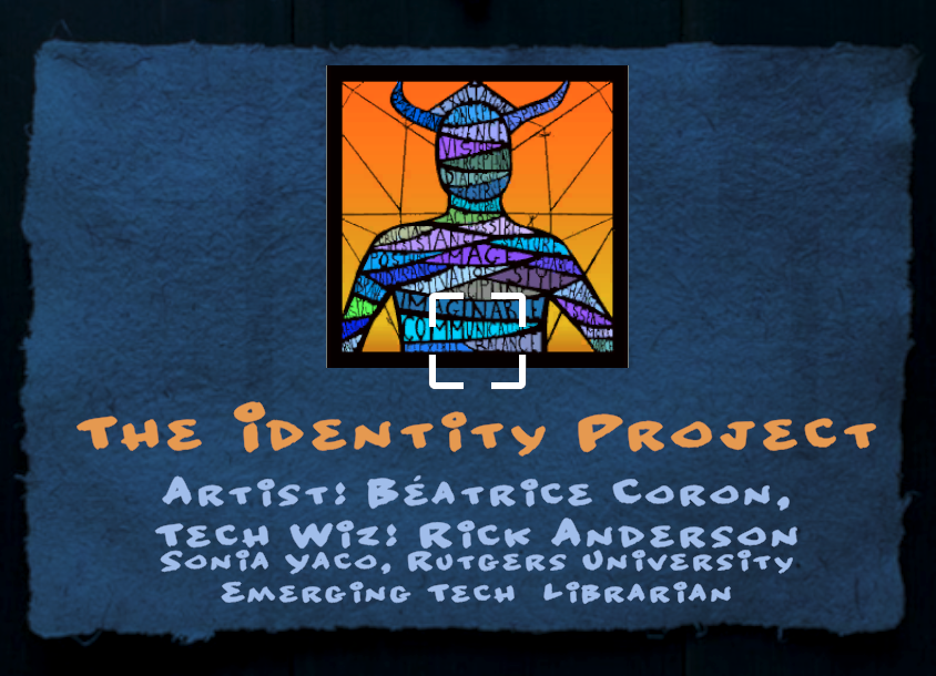 Artistic cover of The Identity Project featuring a stained glass style illustration of a figure with horns made up of words, by Beatrice Coron and Rick Anderson for Rutgers Special Collections and University Archives.